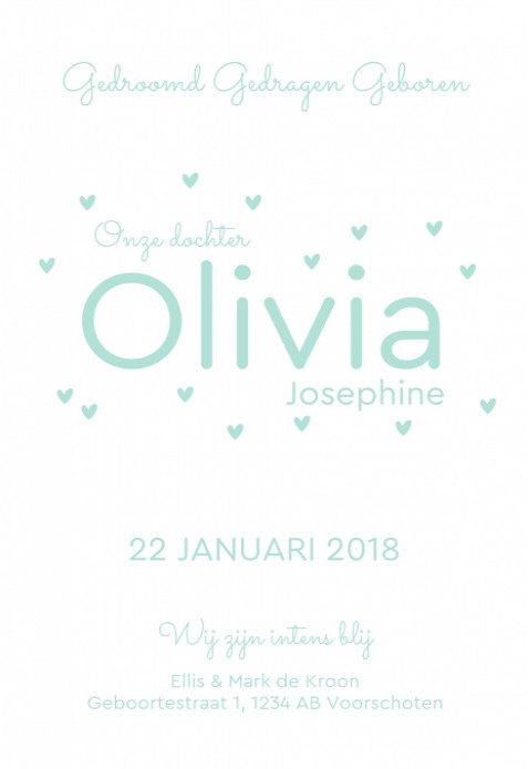Letterpress kaart met hartjes Olivia voor