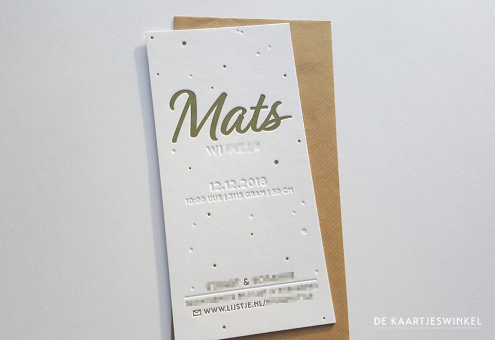Letterpress geboortekaartje stippen Mats